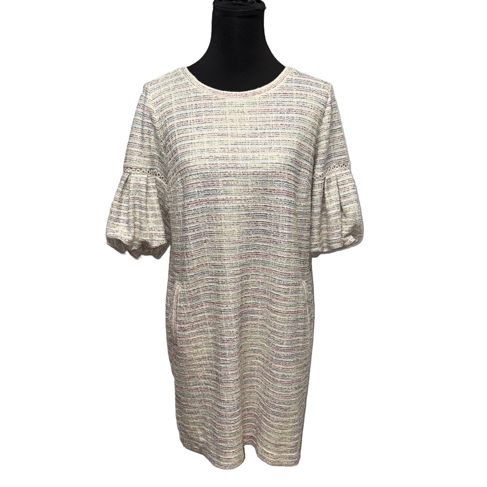 LOFT Multicolor Striped Mini Dress. Puff Sleeves Textured Dressy Party